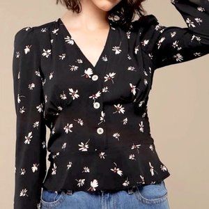 Rouje Mimi Top Black Floral Print Button Front Blouse Puff Shoulder H4